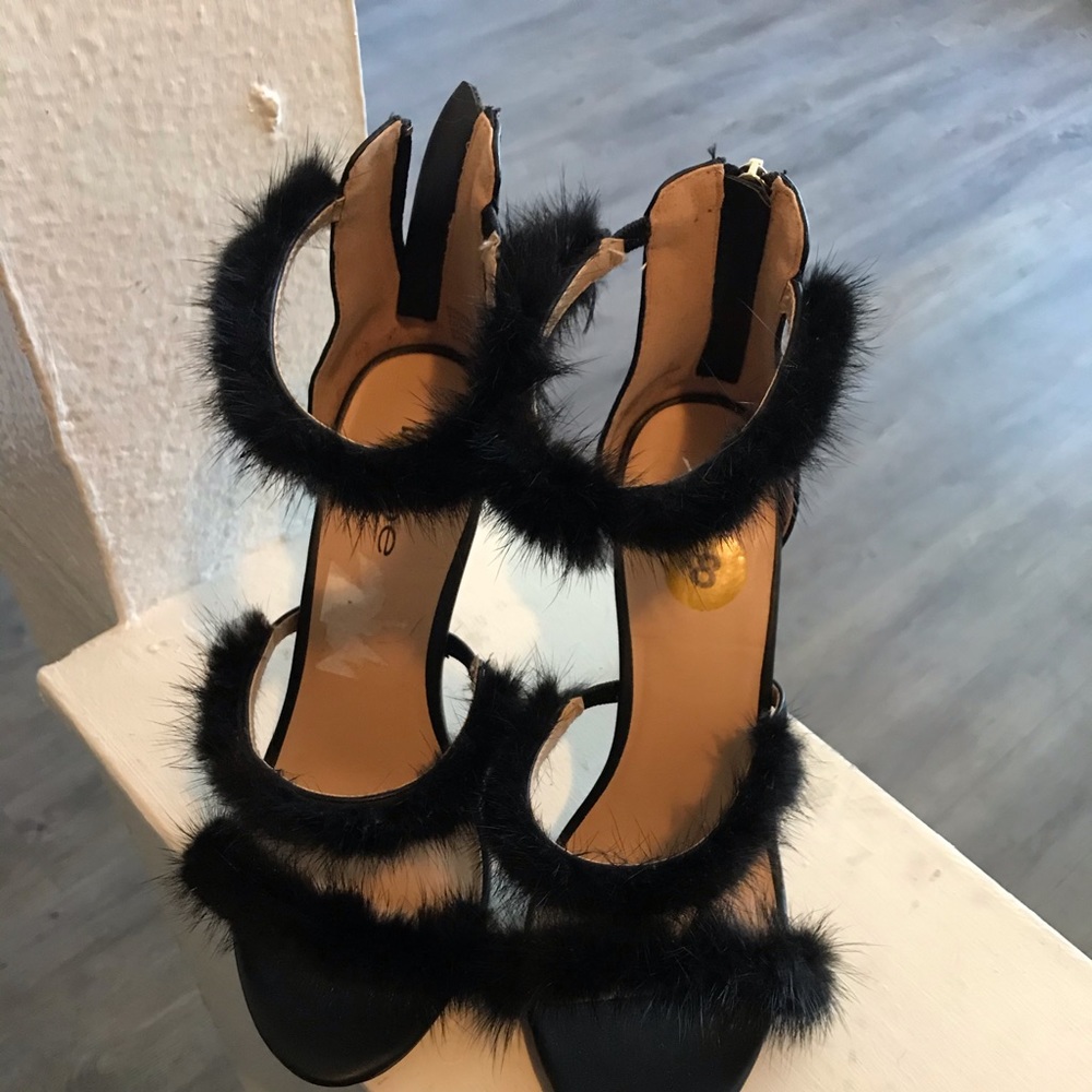 Furry open toe heels